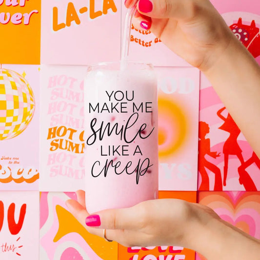 Smile Creep 20oz glass cup by Gia Roma with bamboo lid, pink gradient drinkware on Tampa Home & Garden Store