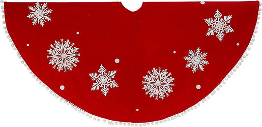 48in red felt pom pom tree skirt with white snowflake motifs by The Country Christmas Loft on Tampa Home & Garden Store