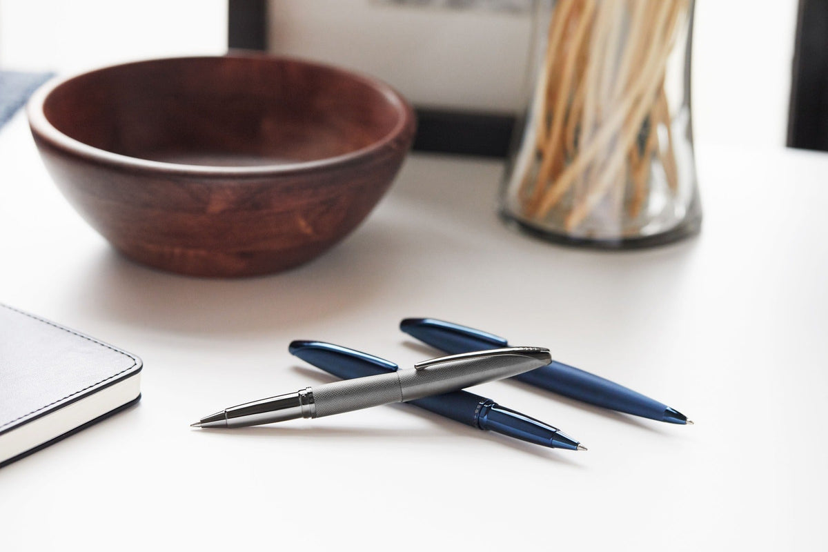ATX Sandblasted Dark Blue Ballpoint Pen by A.T. Cross; blue cap, silver barrel on Tampa Home & Garden Store