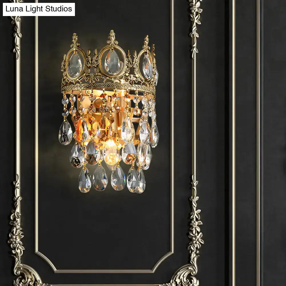 Crown aged brass wall sconce with clear crystal prisms for bedroom decor Decorbites on Tampa Home & Garden Store