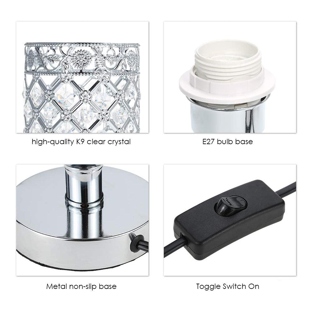 Crystal bedside table lamp Stevvex with K9 clear crystals, E27 bulb base, metal non-slip base, toggle switch on Tampa Home & Garden Store