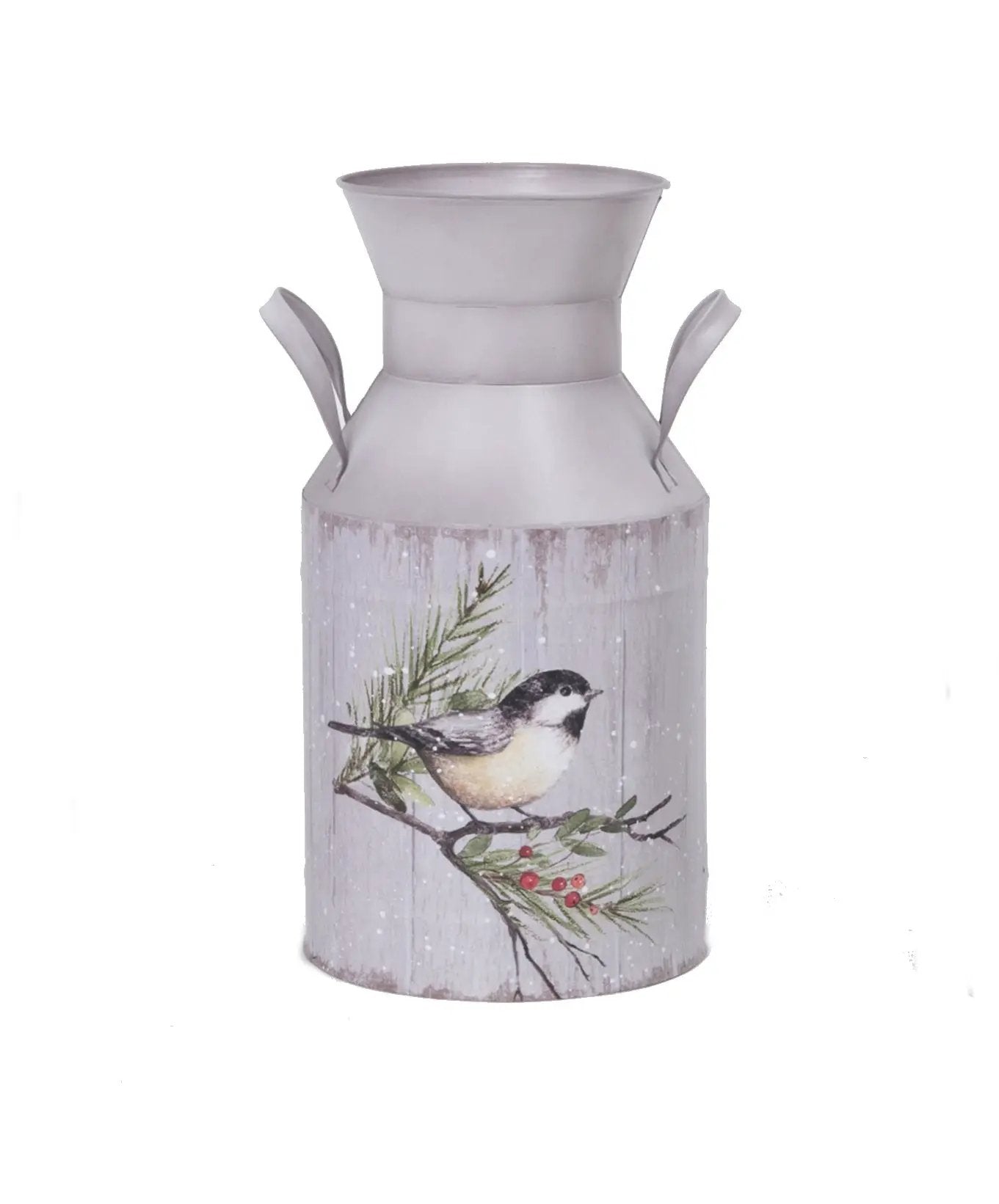 Metal holiday milk can with chickadee scene, gray metal body and whitewashed wood panel on Tampa Home & Garden Store