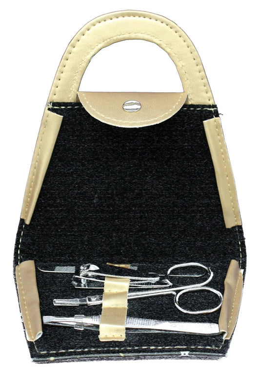 Purse Manicure Set black velvet case with beige faux-leather trim travel size on Tampa Home & Garden Store