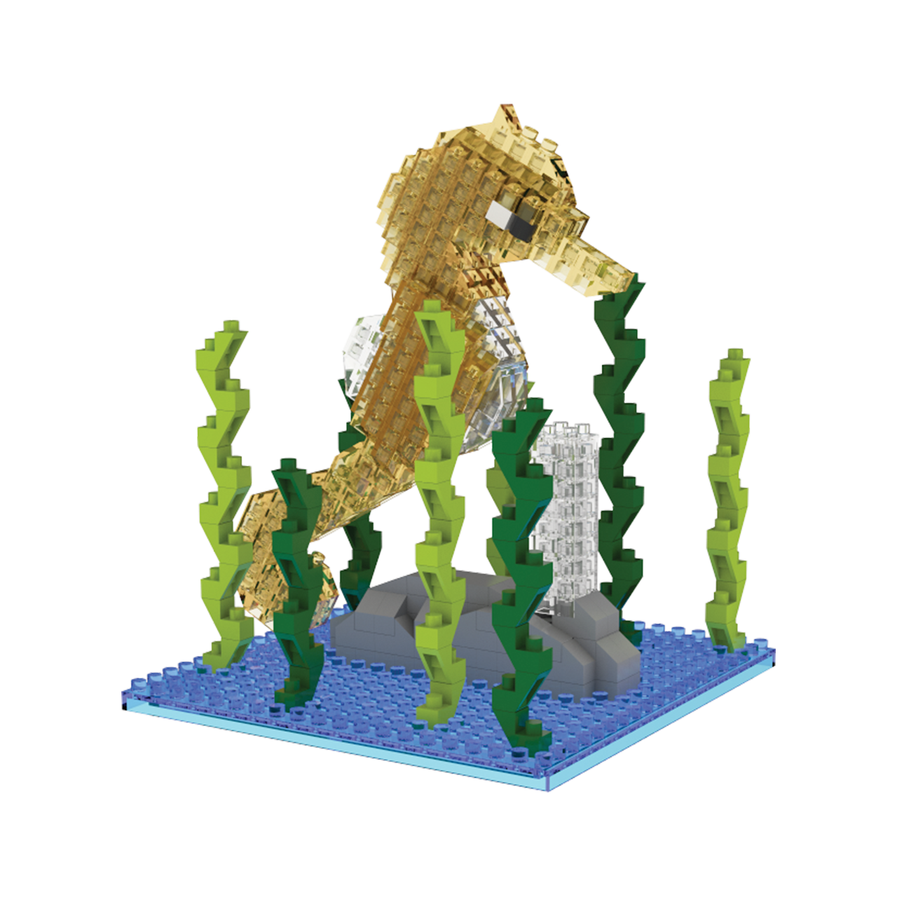 Mini Building Blocks Seahorse set with golden seahorse among green seaweed on blue base on Tampa Home & Garden Store