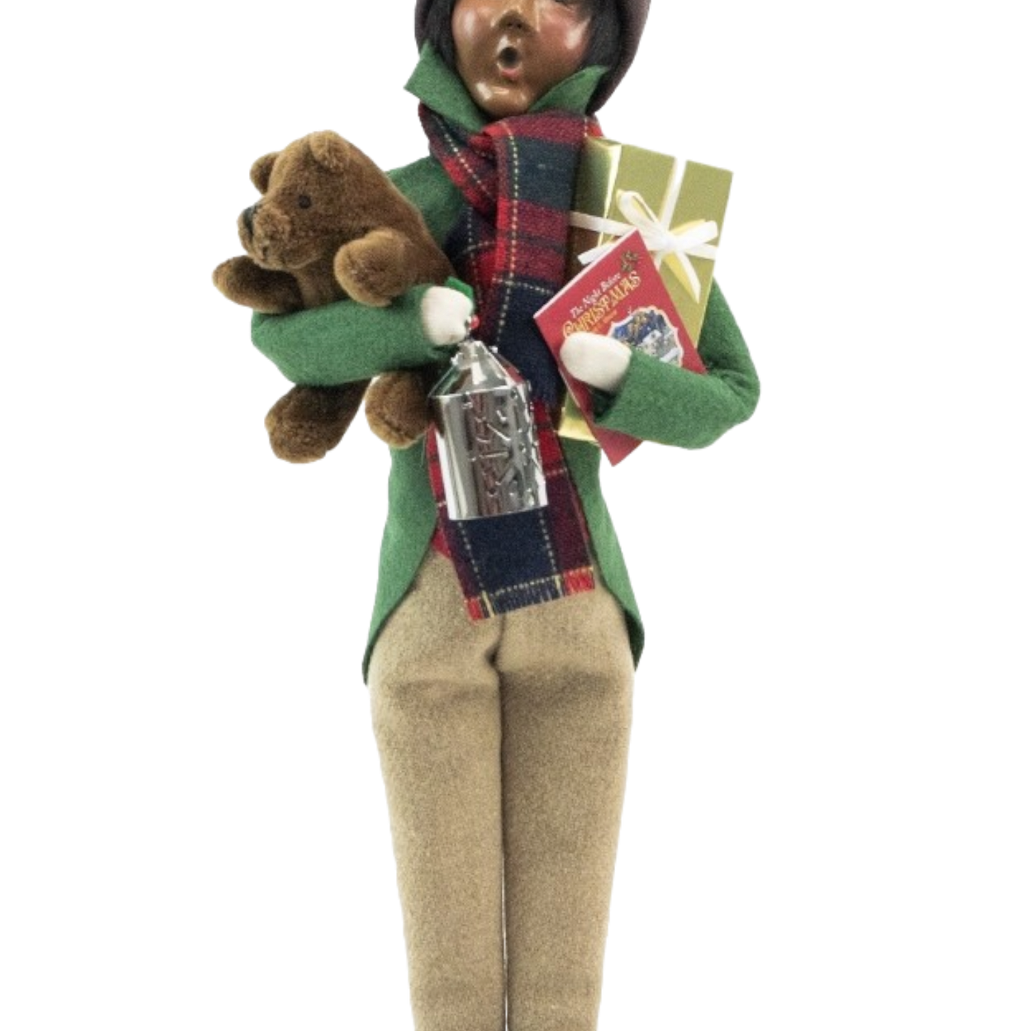 Byers' Choice Shopping Family 2024 figurine with green coat, plaid scarf, teddy bear on Tampa Home & Garden Store