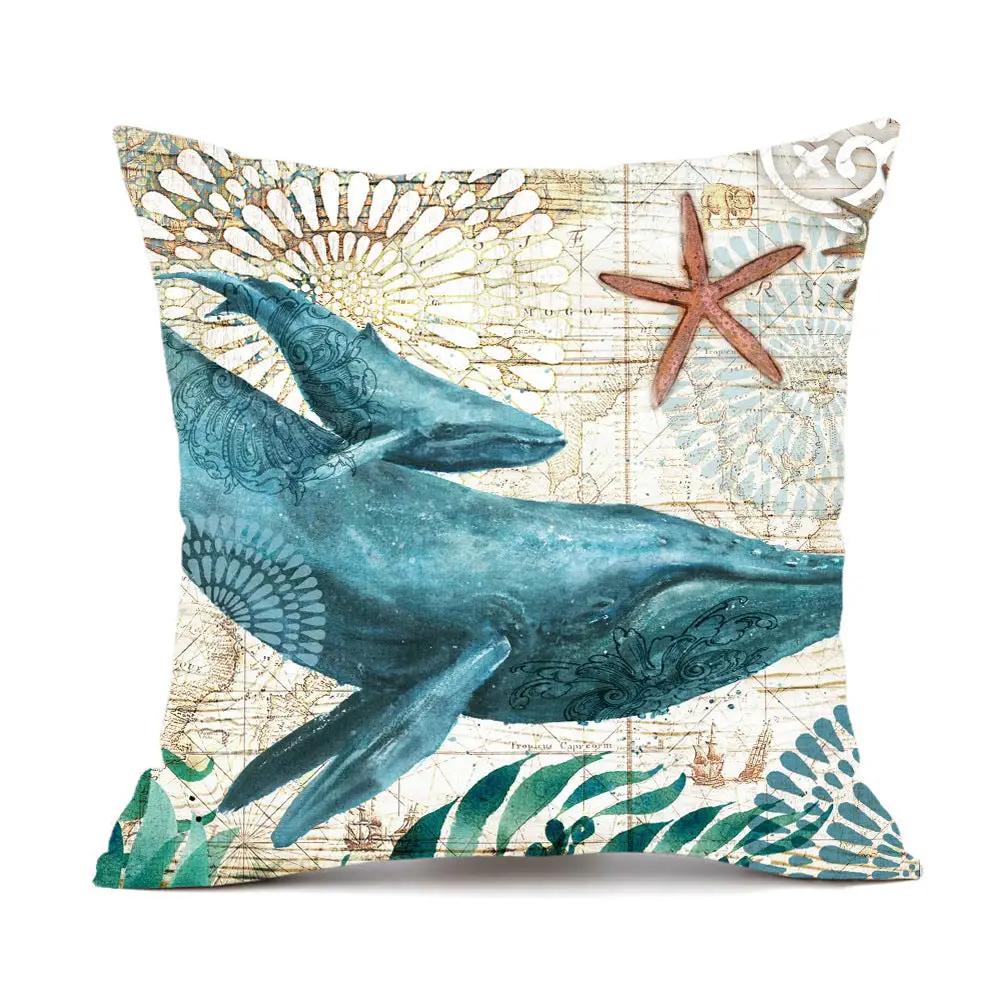 Sea Turtle Printed Cushion Cover by Decorbites in teal with starfish and nautical map on Tampa Home & Garden Store