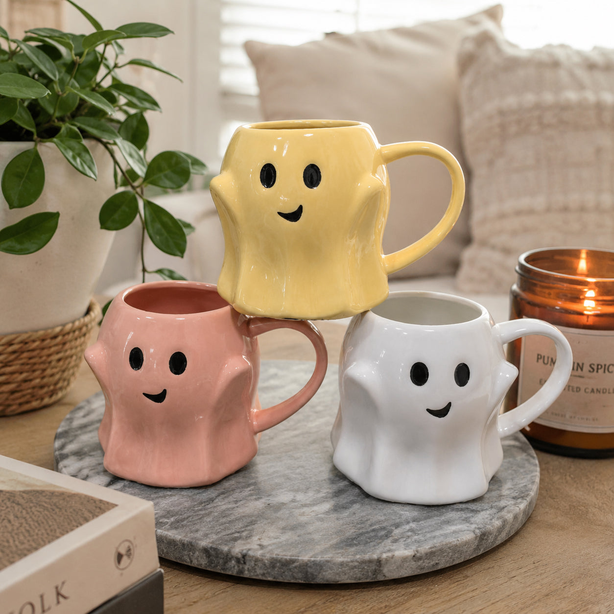 Ghost Mug set of 3 by Gia Roma, pastel ceramic mugs with smiling faces on a marble tray on Tampa Home & Garden Store