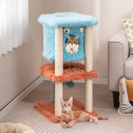 Monster Cat Tower private condo blue plush cat tree with two sisal posts and two cats nearby on Tampa Home & Garden Store