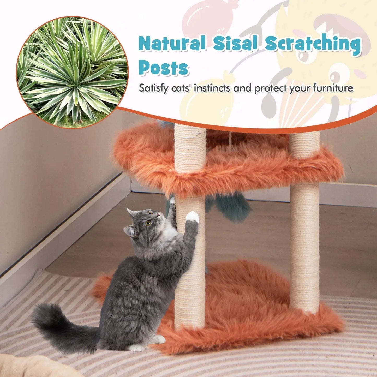 Monster Cat Tower with orange plush wrap and two sisal posts; gray cat curiously watches on Tampa Home & Garden Store