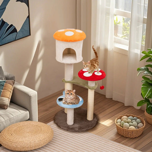 Mushroom cat tree with sisal posts and padded platforms in orange, red, and blue for cats on Tampa Home & Garden Store