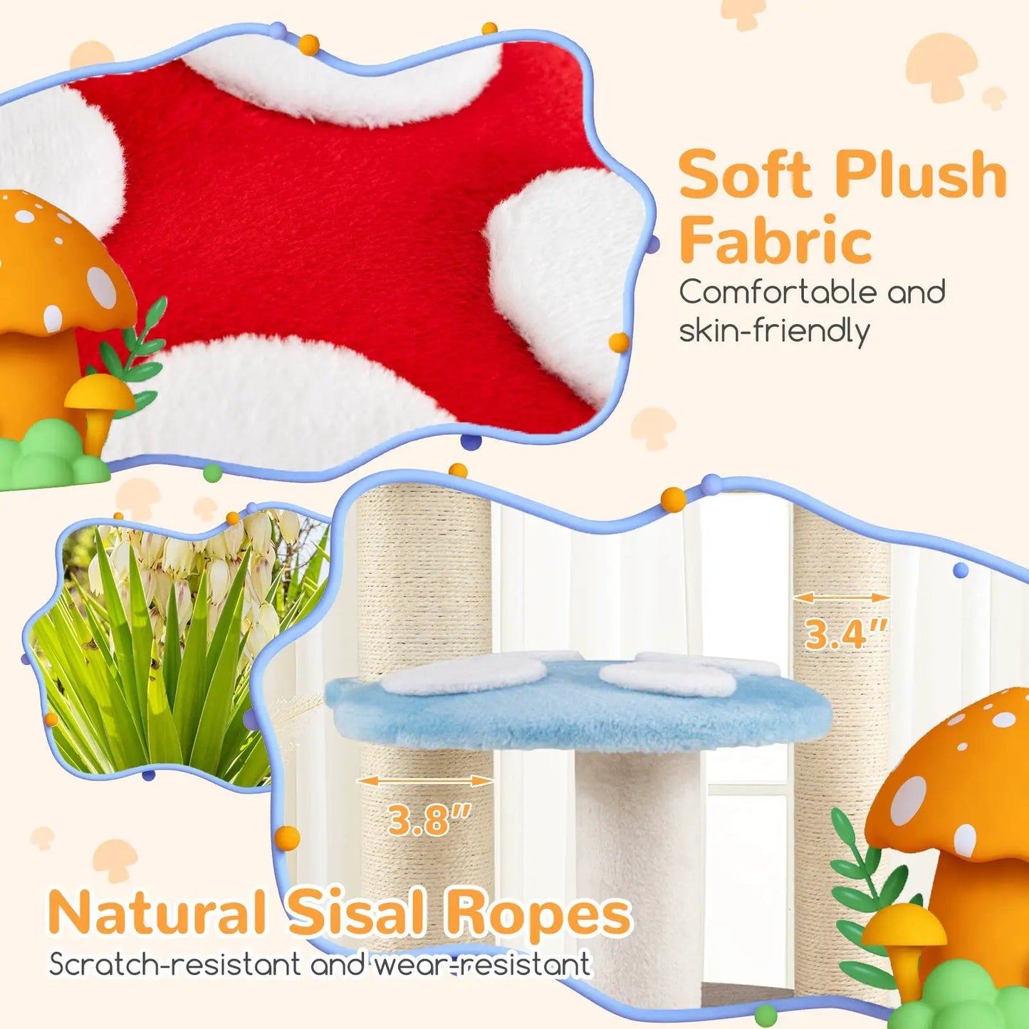 Mushroom Cat Tree with red plush fabric, white edging, platforms, and sisal posts by DirectDeals on Tampa Home & Garden Store