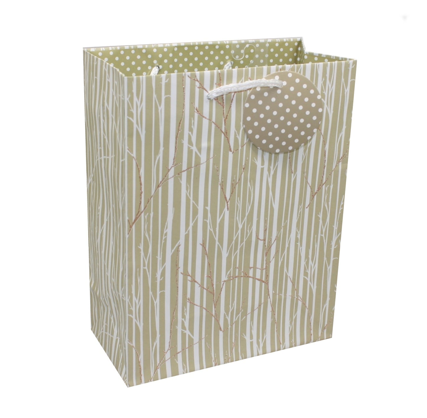 Modern Tree Gift Bag glitter beige-green with white tree pattern and polka-dot round tag on Tampa Home & Garden Store
