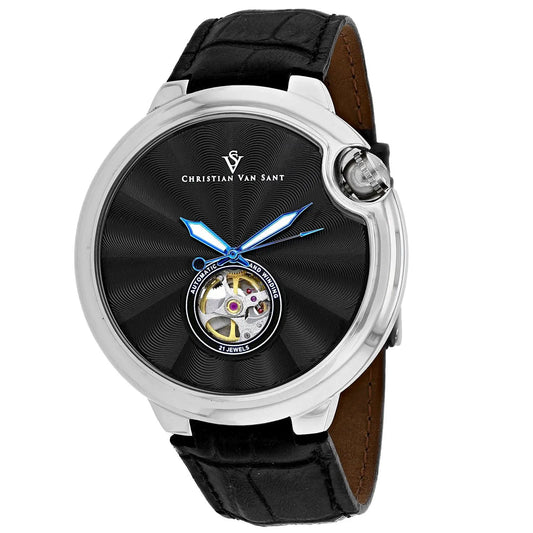 Christian Van Sant Cyclone Automatic Watch with black guilloche dial, blue hands, skeleton window, leather strap on Tampa Home & Garden Store