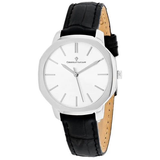 Christian Van Sant Women's Octave Slim Watch with white dial and black leather strap on Tampa Home & Garden Store