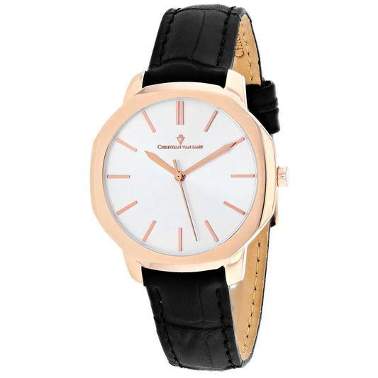 Christian Van Sant Octave Slim Women's Watch rose gold case white dial black leather strap on Tampa Home & Garden Store