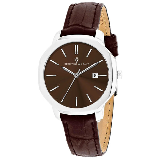 Christian Van Sant Women's Octave Slim watch with brown dial, silver case, brown leather strap on Tampa Home & Garden Store