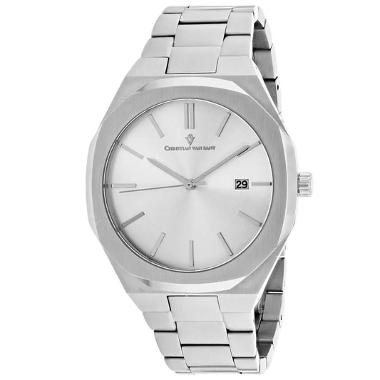 Christian Van Sant Octavius Slim Men's Watch with silver stainless steel bracelet and date window at 3 o'clock on Tampa Home & Garden Store