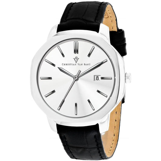 Christian Van Sant Octavius Slim watch with silver case black leather strap on Tampa Home & Garden Store