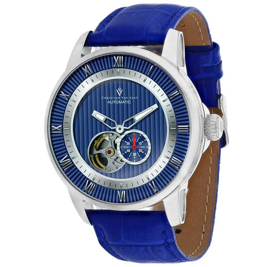 Christian Van Sant Visca automatic men's watch with blue dial and blue leather strap on Tampa Home & Garden Store
