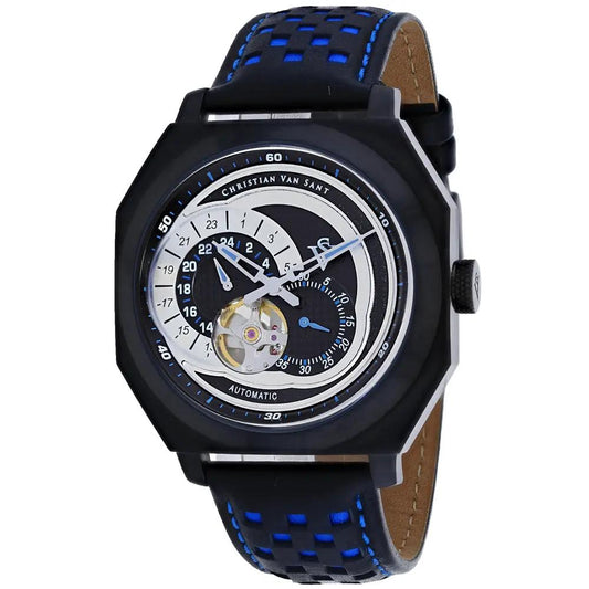 Christian Van Sant Machina Mens Automatic Watch with black case, blue accents and skeleton dial on Tampa Home & Garden Store