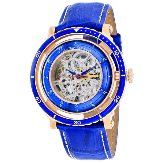 Christian Van Sant men's dome skeleton automatic watch with blue bezel and blue leather strap on Tampa Home & Garden Store