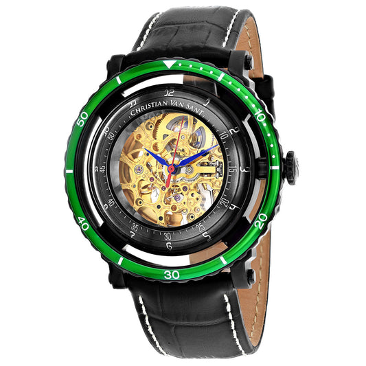 Christian Van Sant Dome skeleton watch with gold gears, green bezel, black leather strap on Tampa Home & Garden Store