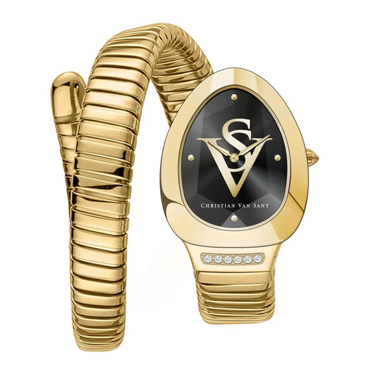 Christian Van Sant Women's Naga Watch, gold-tone bracelet with black dial and CVS logo on Tampa Home & Garden Store