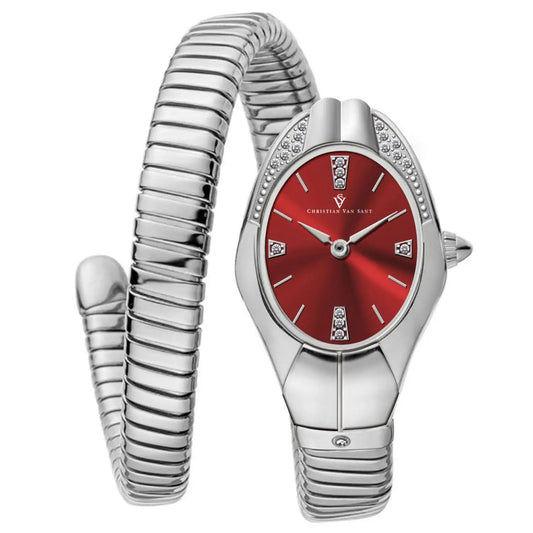 Christian Van Sant Women's Naga watch with red dial and silver-tone bracelet on Tampa Home & Garden Store