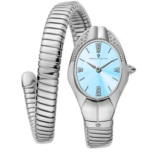Christian Van Sant Naga women's watch with light blue dial and crystal bezel on bracelet on Tampa Home & Garden Store
