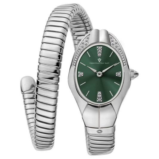 Christian Van Sant Women's Naga Green Dial Watch with silver-tone bracelet and crystal accents on Tampa Home & Garden Store
