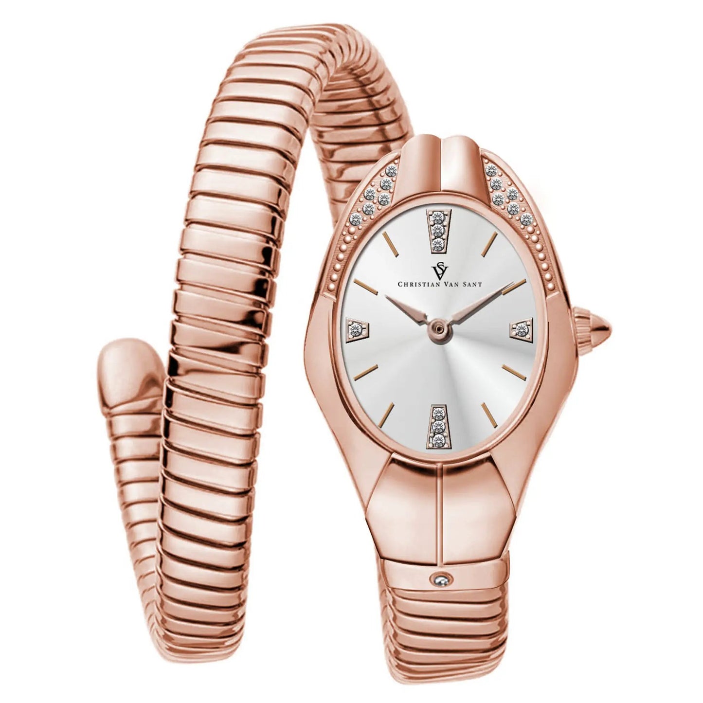 Christian Van Sant Naga rose-gold watch with crystal bezel and coiled bracelet on Tampa Home & Garden Store