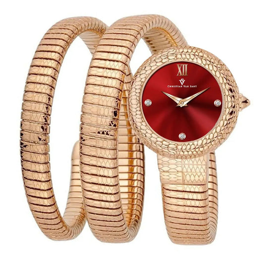 Christian Van Sant Naga watch red dial on gold snake bracelet on Tampa Home & Garden Store