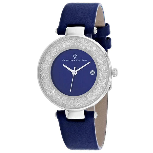 Christian Van Sant Dazzle watch with blue dial, crystal bezel, date window, blue leather strap on Tampa Home & Garden Store