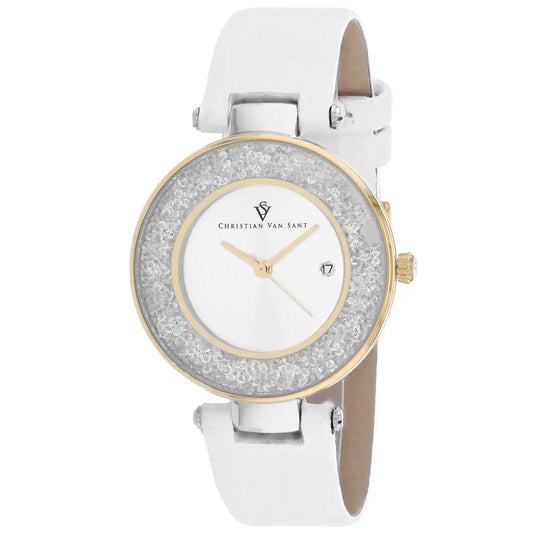 Christian Van Sant Dazzle Women's Watch with white strap and crystal-studded bezel on Tampa Home & Garden Store
