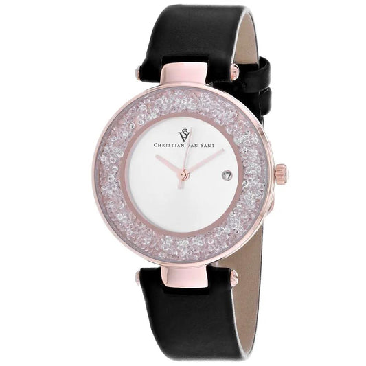 Christian Van Sant Women's Dazzle watch with rose gold case, crystal bezel, white dial, black leather strap on Tampa Home & Garden Store