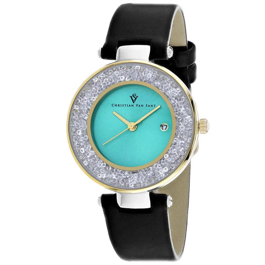 Christian Van Sant Dazzle watch turquoise dial gold bezel crystal ring black leather strap on Tampa Home & Garden Store