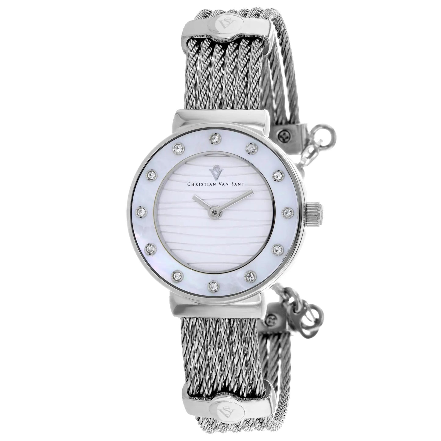 Christian Van Sant Women's Cavo watch with braided silver cable band and crystal bezel on Tampa Home & Garden Store