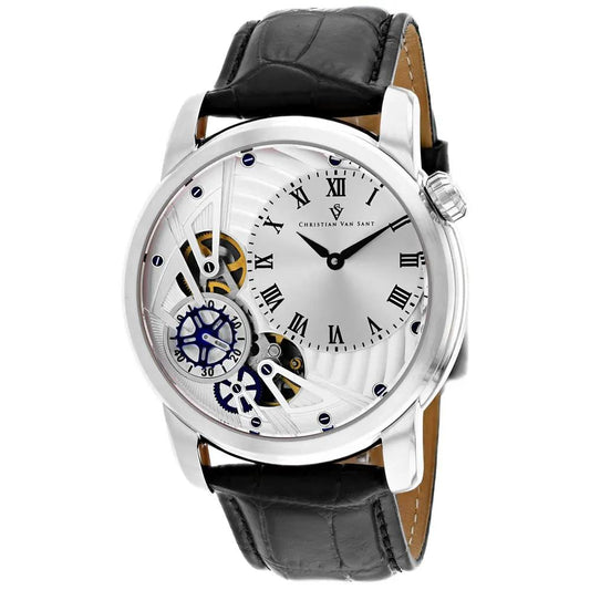 Christian Van Sant Sprocket Auto Quartz Watch skeleton dial, blue gears, black leather strap on Tampa Home & Garden Store