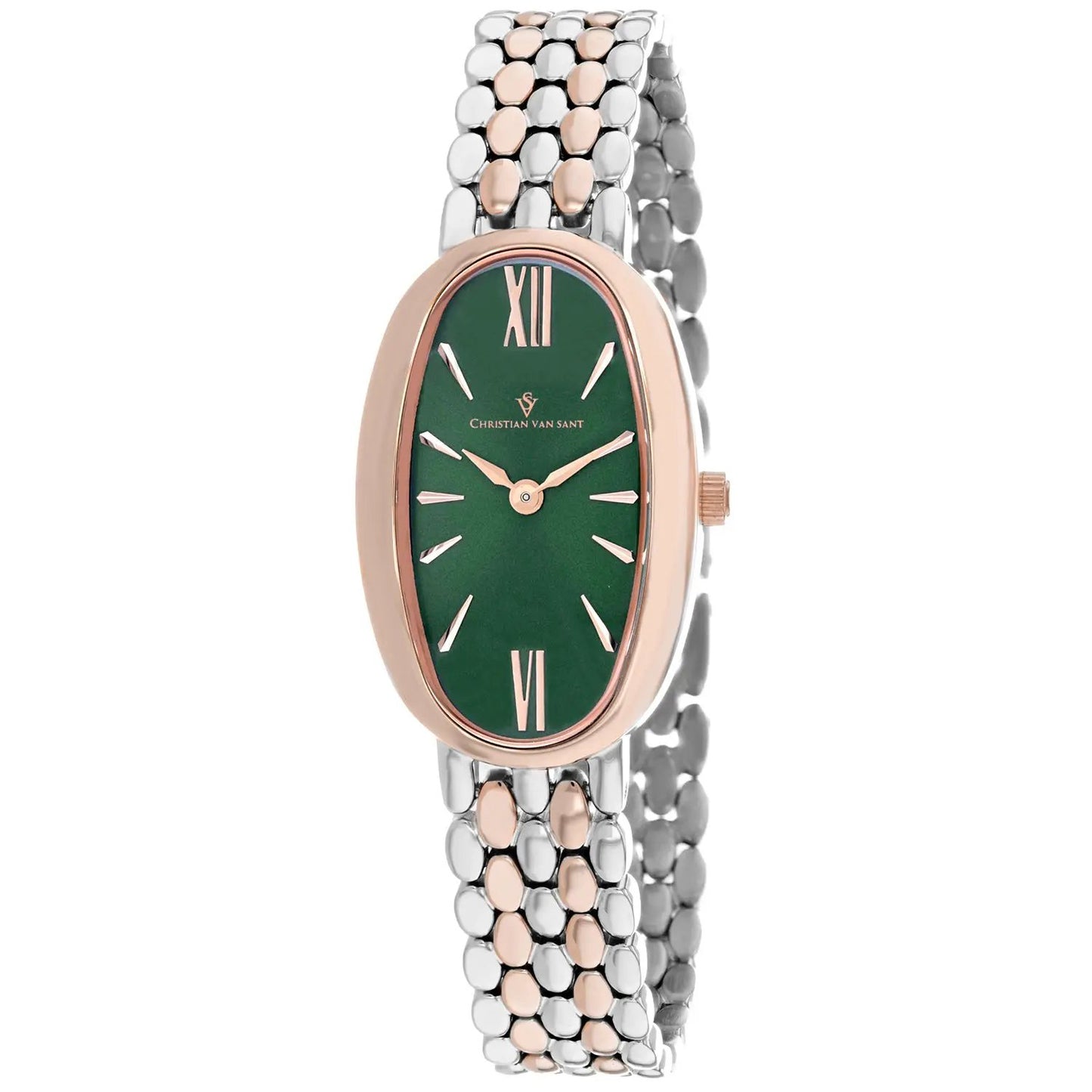 Christian Van Sant Lucia watch with green dial, rose-gold bezel, two-tone beaded bracelet on Tampa Home & Garden Store