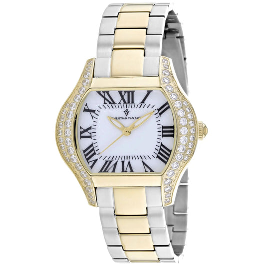 Christian Van Sant Bianca women's timepiece with two-tone gold and silver bracelet and crystal bezel on Tampa Home & Garden Store