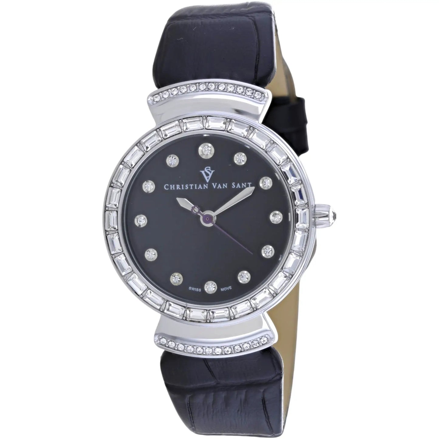 Christian Van Sant Nova women's watch with black dial, crystal bezel, black leather strap on Tampa Home & Garden Store