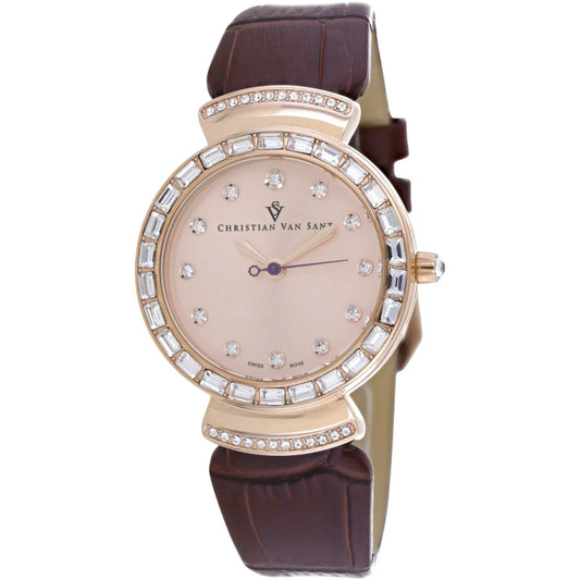 Christian Van Sant Nova Rose Gold Watch crystal-studded bezel brown leather strap on Tampa Home & Garden Store