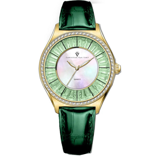 Christian Van Sant Luna watch with pearl dial, gold-tone case, crystal bezel, and green leather strap on Tampa Home & Garden Store
