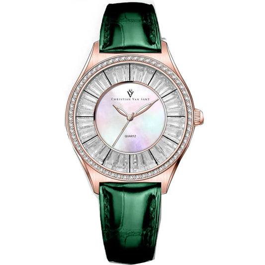 Christian Van Sant Luna women's watch with rose gold case and green leather strap on Tampa Home & Garden Store