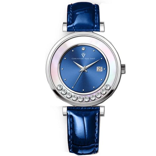 Christian Van Sant Bria women's watch with blue dial and date window, crystal accents, blue strap on Tampa Home & Garden Store