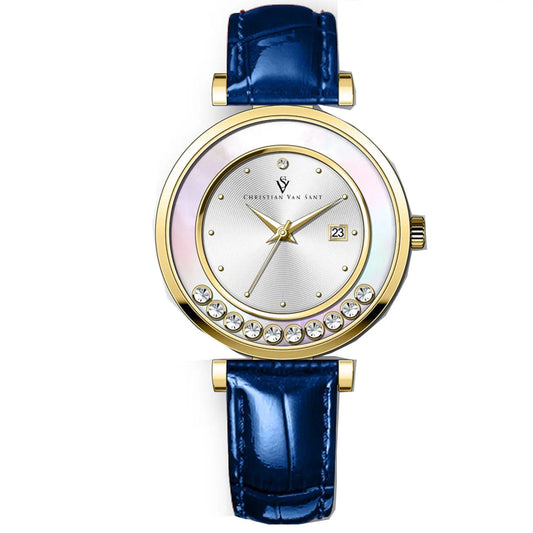 Christian Van Sant Bria watch with gold case, blue leather strap, and date display on dial on Tampa Home & Garden Store