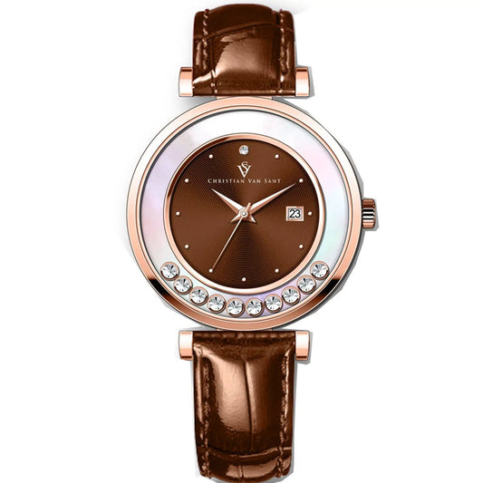 Christian Van Sant Bria women's quartz watch brown dial rose gold case leather strap on Tampa Home & Garden Store