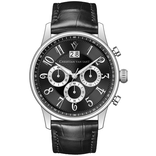 Christian Van Sant Heritage Timepiece for men with black dial, silver case, black strap on Tampa Home & Garden Store