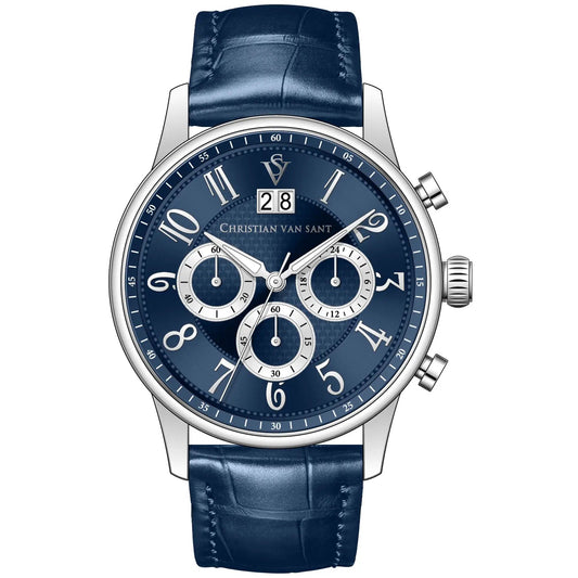Christian Van Sant Heritage Chronograph Watch with blue dial and blue leather strap on Tampa Home & Garden Store