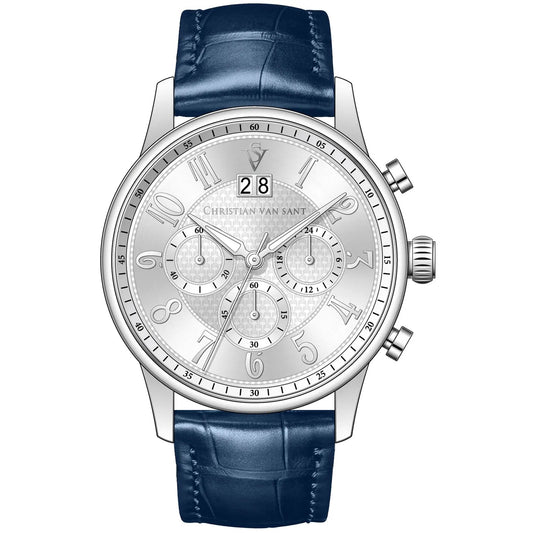 Christian Van Sant Heritage Chronograph Watch silver-tone case, blue leather strap, date window on Tampa Home & Garden Store